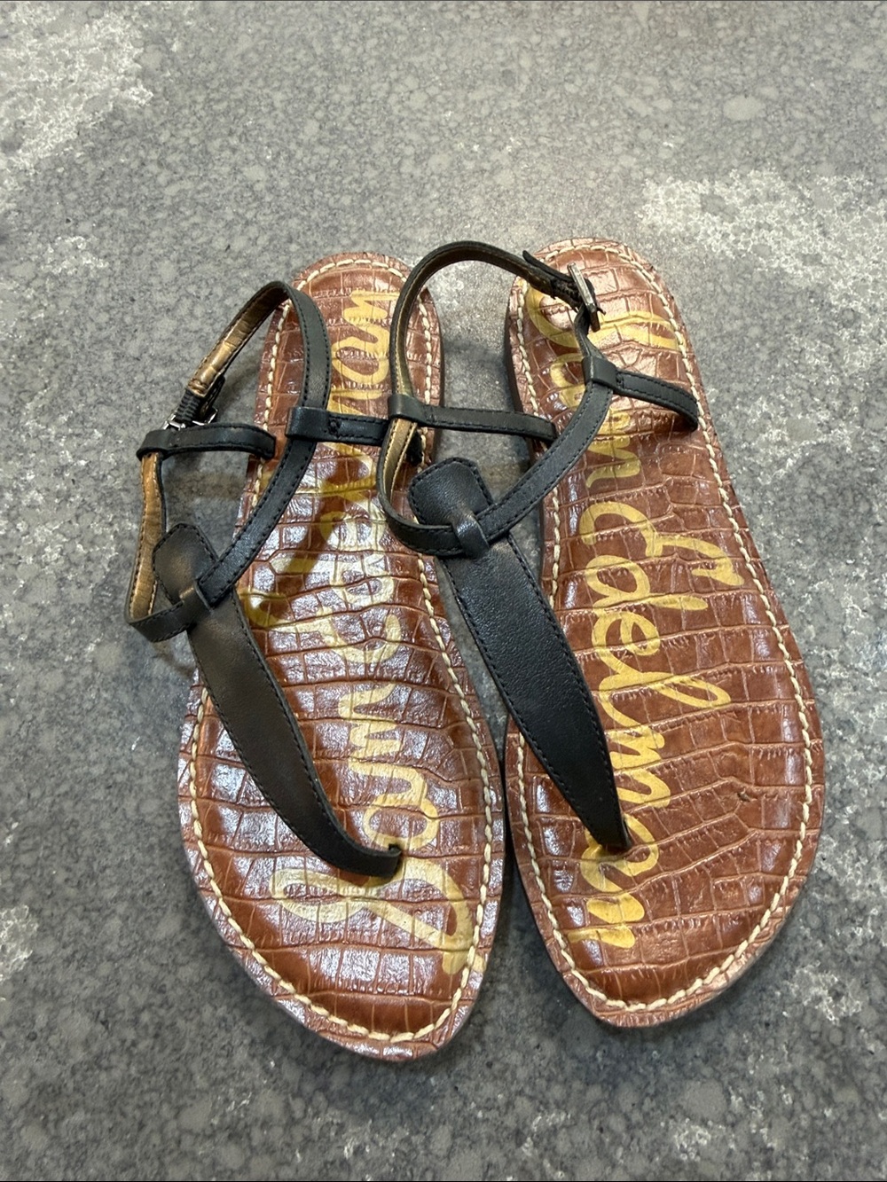 Sam Edelman Black Leather T-Strap Sandals with Brown Croc-Embossed Footbed